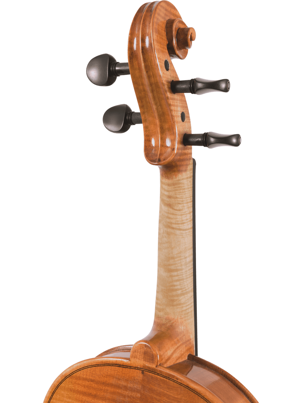 Close-up of the scroll, pegbox, and tuning pegs of a hand-carved Canzona Milano 400 Series Viola Outfit, showcasing its wood grain and craftsmanship against a white background.