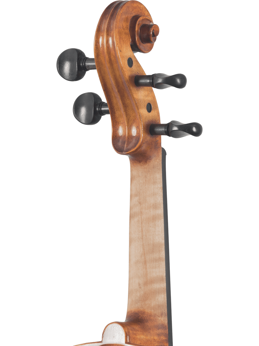Close-up of a Canzona Milano 400 Series Viola Outfit scroll, highlighting the hand-carved wood grain, tuning pegs, and neck detail against a plain white background.