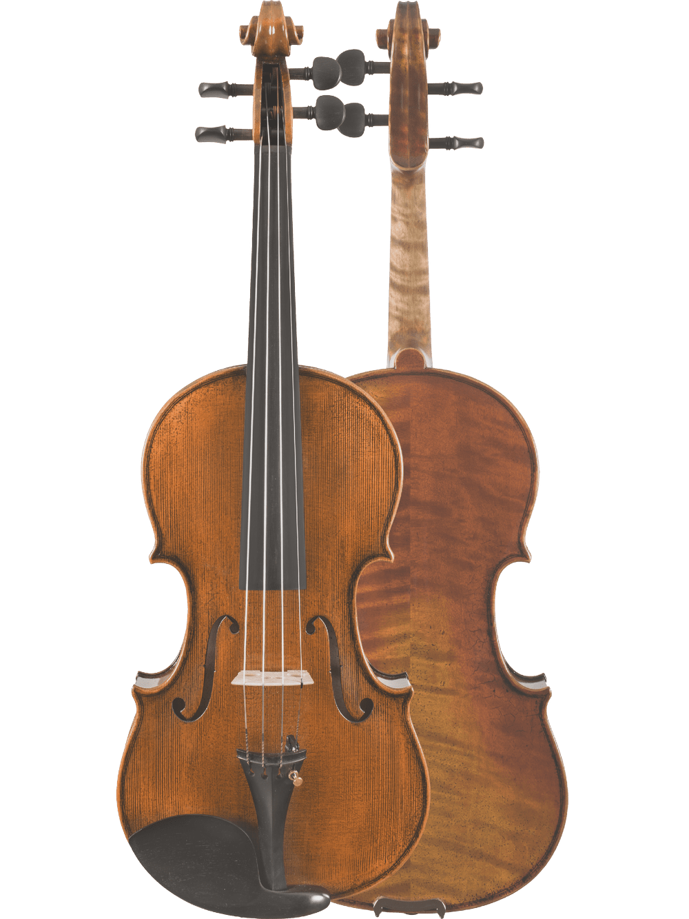 Two Canzona Pietro Locatelli Violin Outfits are shown: one facing forward highlighting its strings, bridge, and f-holes, the other backward revealing wood grain. Both feature a warm brown finish and showcase fine hand-carved craftsmanship.