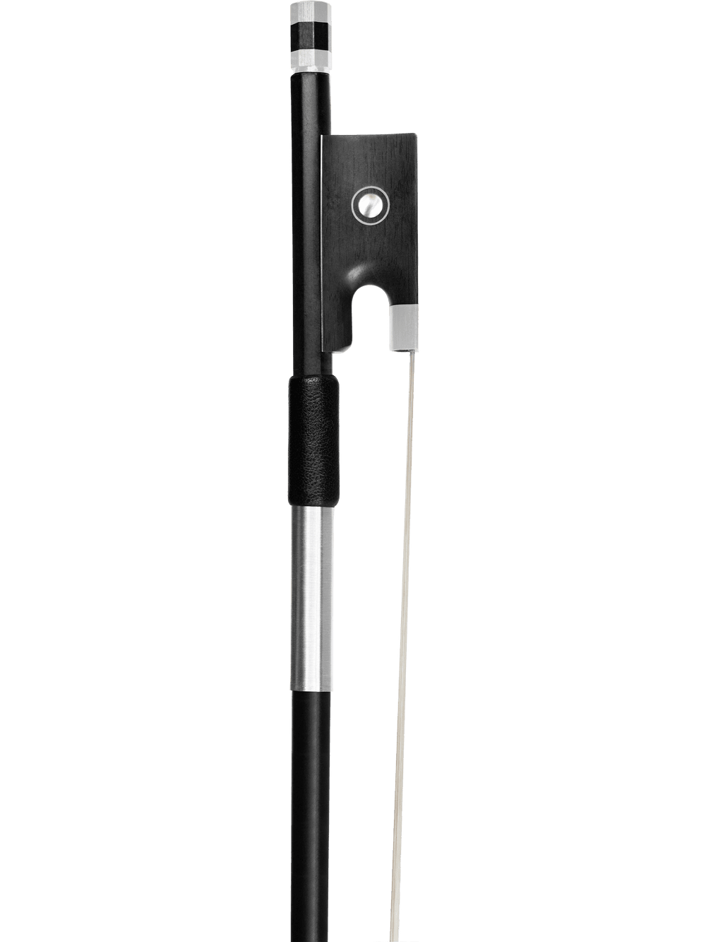 Close-up of a Canzona Caprice 300 Series Violin Outfit bow, with a silver tip, black grip, and silver mount—an elegant accessory to complement your hand-carved spruce maple violin—shown against a white background.