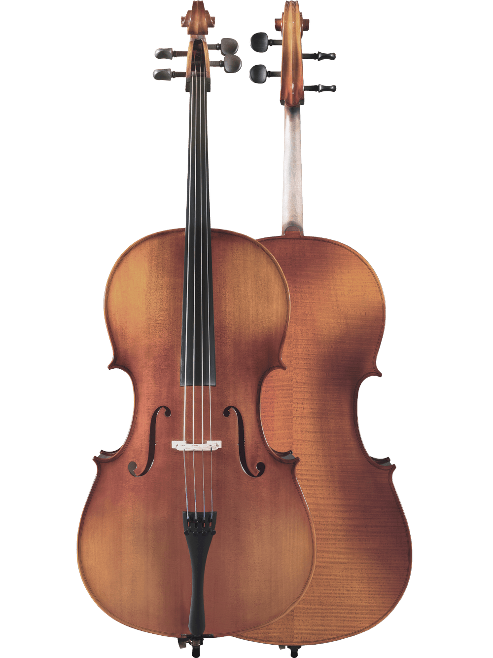 Two Canzona Sonata 200 Cello Outfits are shown: one displays the front with strings and f-holes, the other highlights wood grain and curves. Both feature a warm brown finish, ideal as step-up instruments for advancing students.