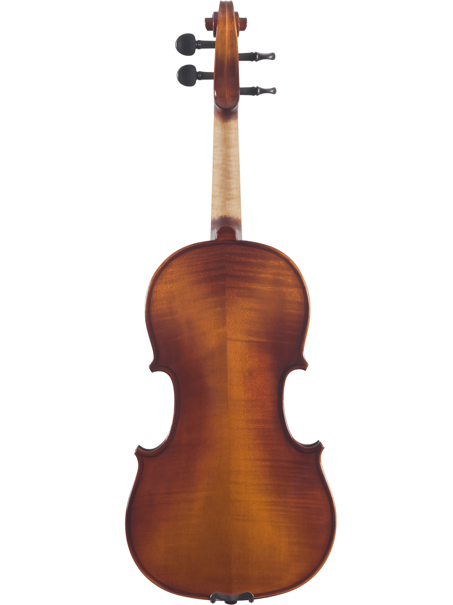 The Canzona Sonata Student Violin Outfit is shown from the back, highlighting its glossy brown wood finish, smooth curves, visible tuning pegs, and neck—making it an ideal choice for beginners.