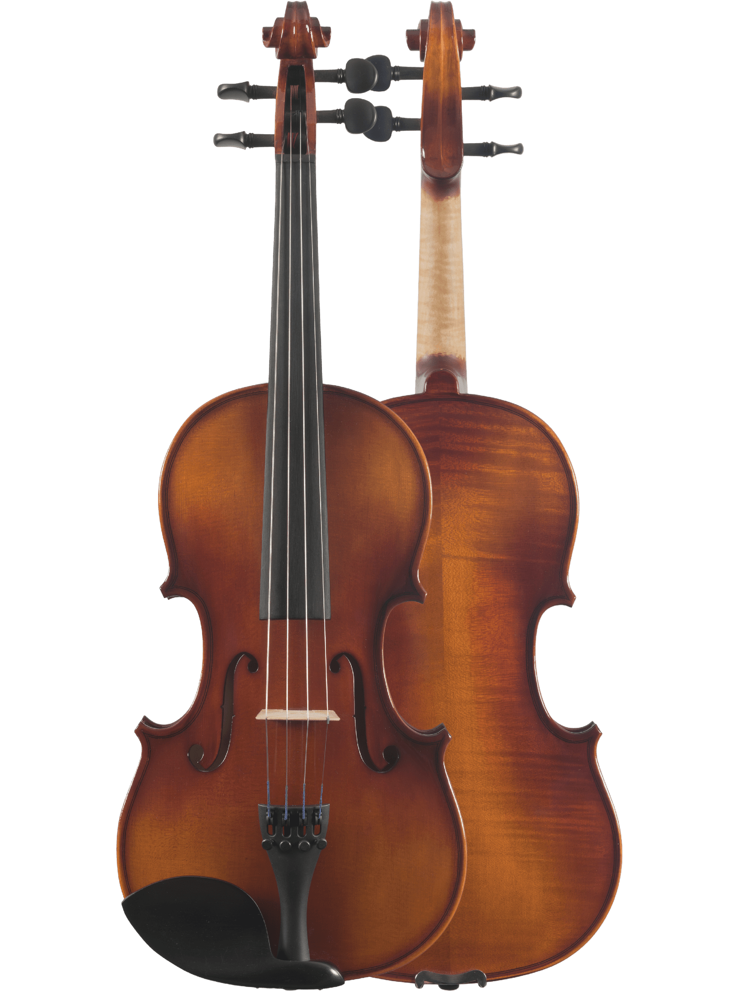 The Canzona Sonata Student Violin Outfit is shown: one violin faces forward, the other shows its back. Both have a brown, glossy wood finish with black tuning pegs—perfect for students or beginner players, with fine details on the body and neck.