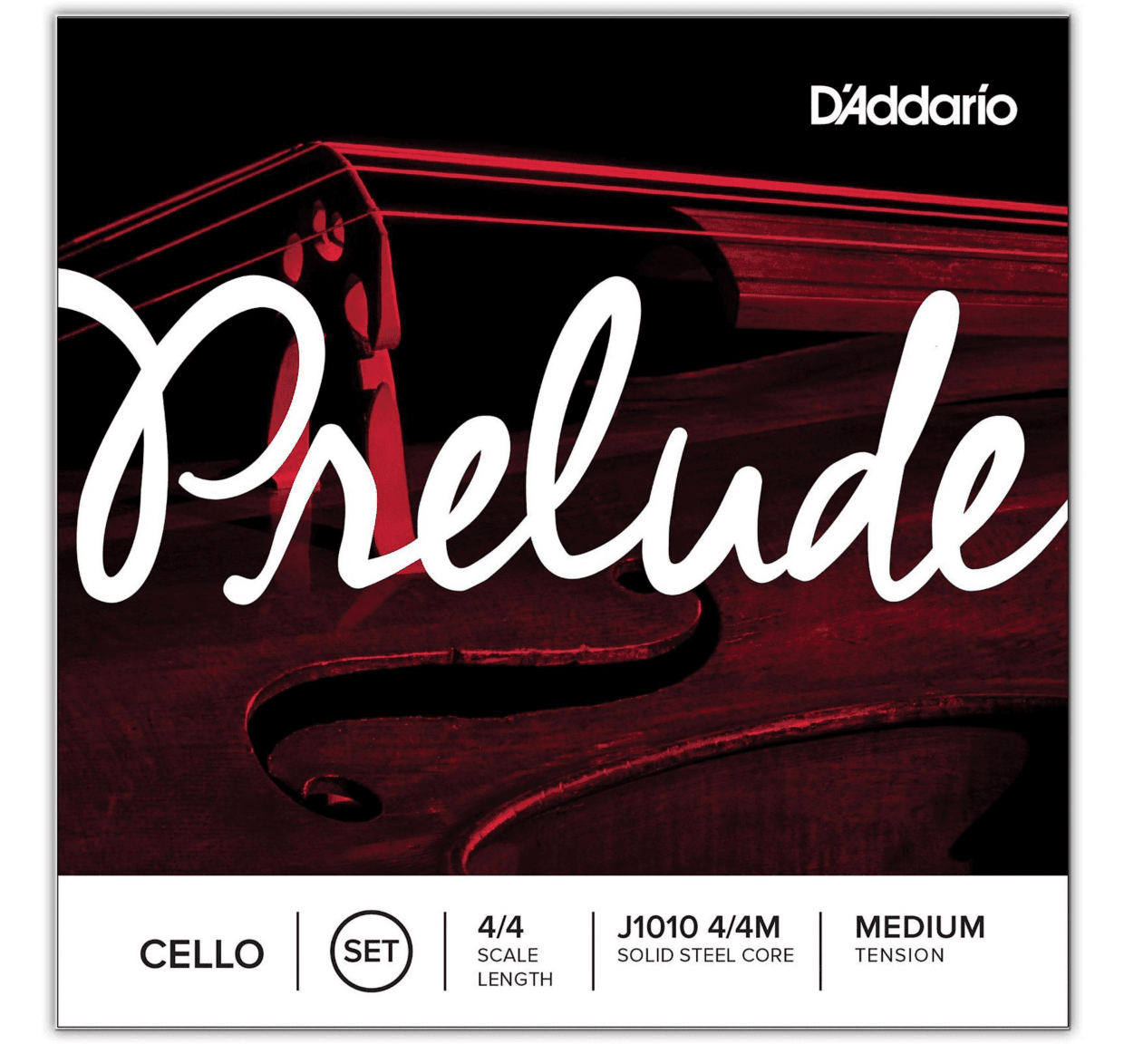 Close-up of a cello with the word Prelude in large script. The top features D’Addario branding, showcasing their D’Addario Prelude Cello String Set – 1/4 to 4/4 Sizes designed for students. Details below highlight: 4/4 scale, solid steel core, medium tension, J1010 4/4M—making these strings an ideal choice for students and advancing players.