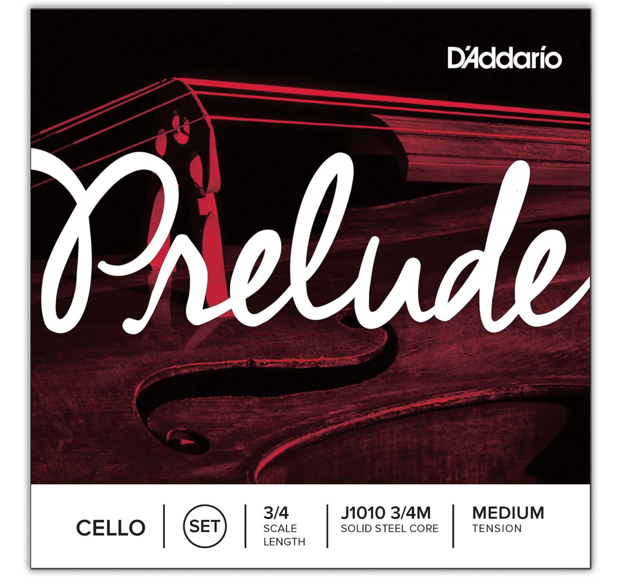 A close-up image of a cello features the word “Prelude” prominently in script, alongside a label for D’Addario Prelude Cello String Set for students. The set shown is for 3/4 size cellos, offering medium tension and a solid steel core. The design displays shades of red, black, and white.