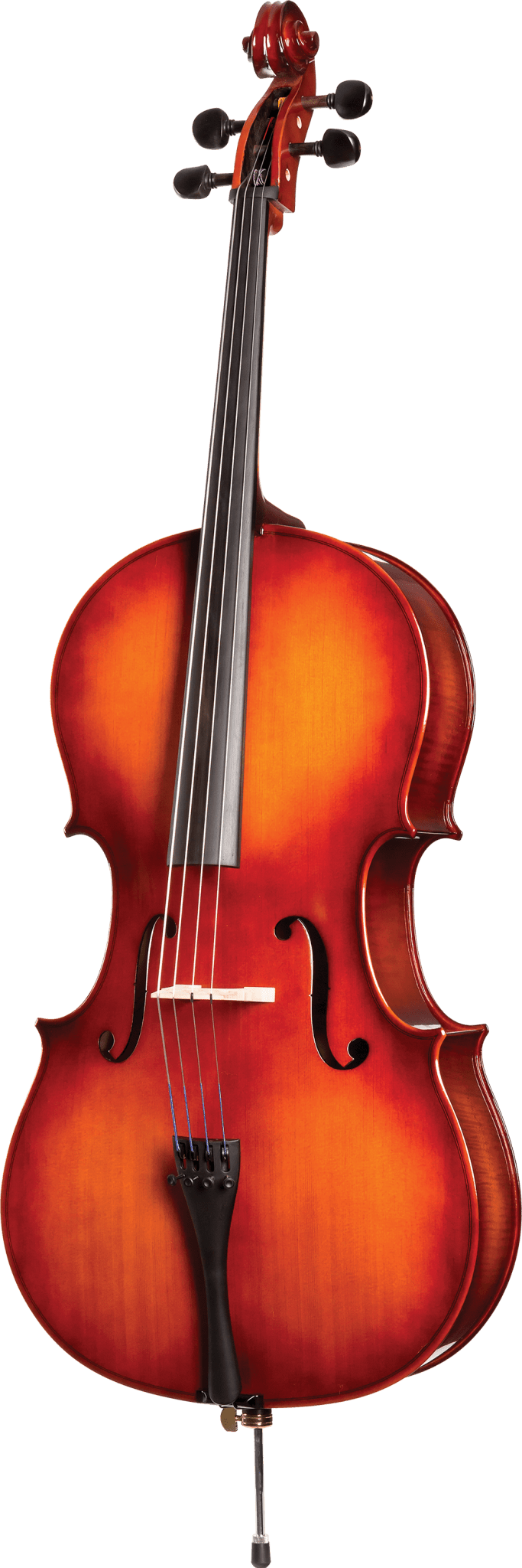 A Core Academy A30 Student Cello with a reddish-brown finish, four strings, black pegs and tailpiece stands upright on its metal endpin—a great beginner instrument—set against a white background.