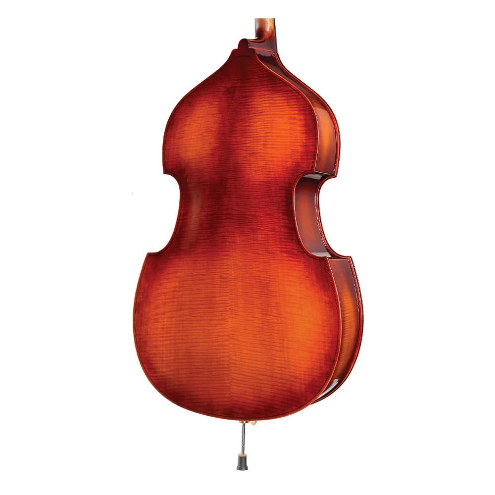 The image displays the back of the Core Academy A40 Double Bass Outfit, showing its polished reddish-brown finish and curved grain. This student model includes a professional setup, with the endpin visible at the bottom.