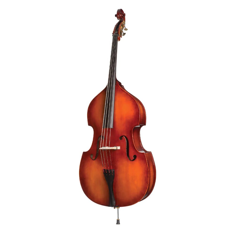 The Core Academy A40 Double Bass Outfit, a full-size upright bass with a warm brown finish, black fingerboard, and curved body in professional setup, is shown standing upright against a plain white background.