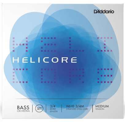 The D’Addario Helicore Bass A String H613 3/4 Medium Tension is an orchestral-quality double bass string, featuring a stranded steel core and bold blue packaging with white text.