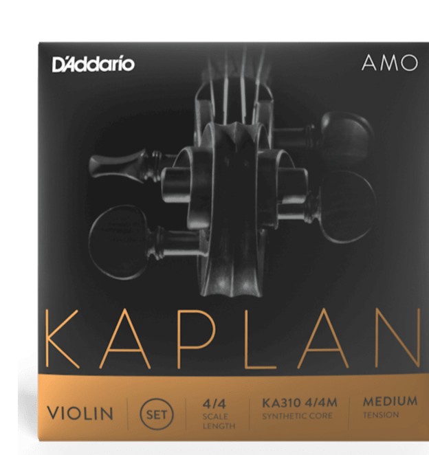 A box of D’Addario Kaplan Amo Violin Strings – Full Set (4/4) with a close-up of violin tuning pegs, featuring medium tension and premium synthetic core strings on the packaging.