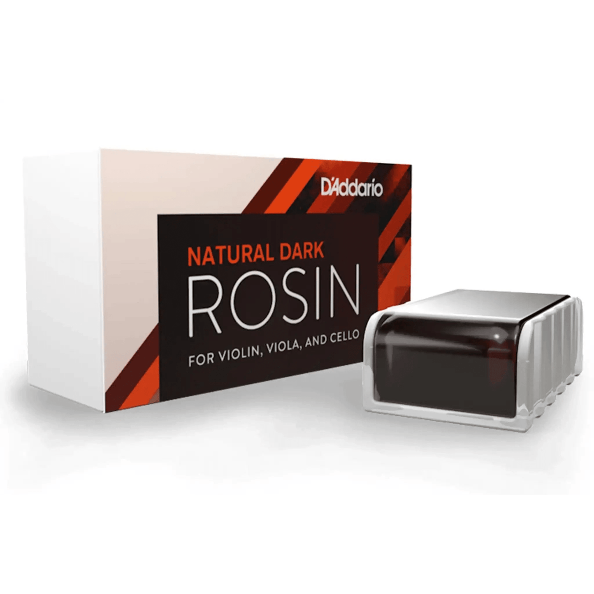 A block of D’Addario - Natural Rosin for cello and viola, shown with its white and orange cardboard box.