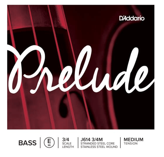 A close-up of a string instrument displays the D’Addario Prelude Bass E String packaging, featuring “Prelude” in large script along with the D’Addario brand name and product information: Bass, 3/4 scale, J614 3/4M. Designed with a stranded-steel core and stainless steel winding for medium tension, this double bass E string is crafted for student bassists who value consistent and reliable performance.