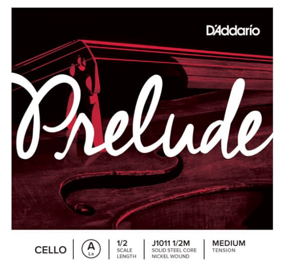 D’Addario Prelude Cello A String package prominently displays “Prelude” in bold script over a close-up cello image, with product details and specifications below. Designed as a student cello string, it features a solid-steel core that ensures lasting durability and delivers a warm tone—showcasing the quality of the D’Addario Prelude Cello A String.