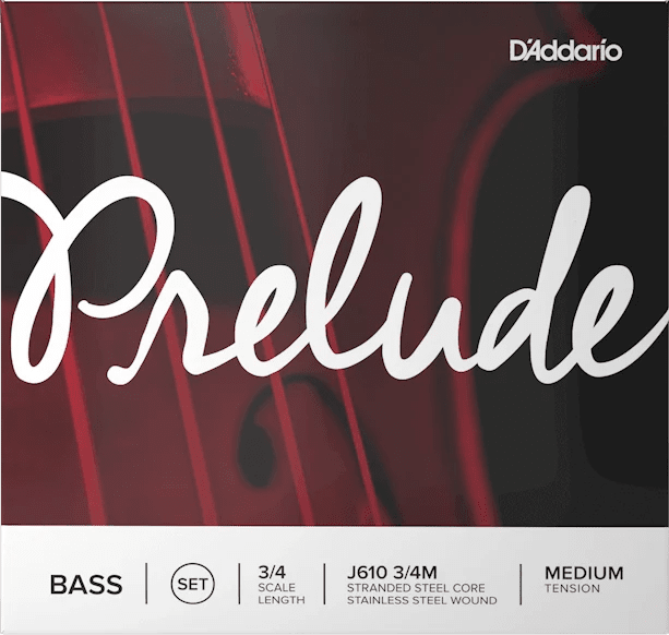 Close-up of D’Addario Prelude Double Bass String Set – Medium Tension packaging, showcasing bold white Prelude text against a red and black strings backdrop. The bottom highlights 3/4 scale length, stranded steel core construction, and medium tension—features that make these student bass strings a dependable choice for those seeking reliable steel core performance.