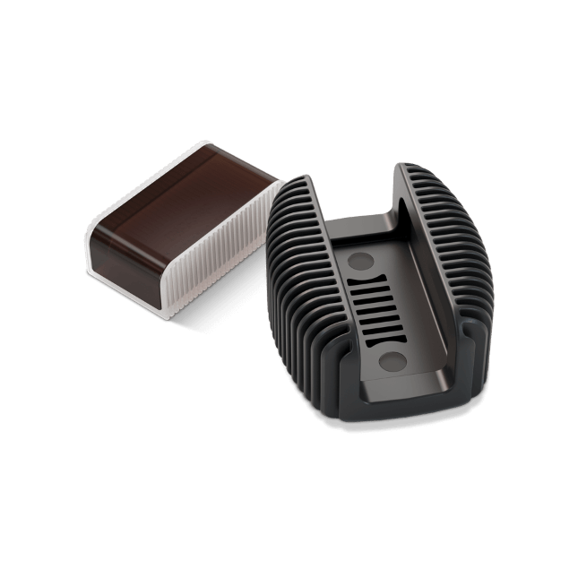 The D’Addario Rosin Guard with Natural Dark Rosin features a rectangular bar of dark rosin beside its black and white ribbed, refillable holder with a slotted base, shown on a plain white background.