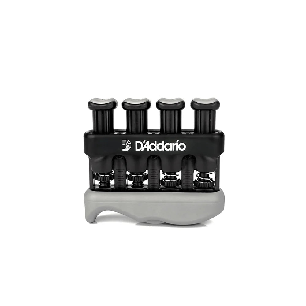 The D’Addario Varigrip Finger Exerciser for String Players is a black and gray device with four spring-loaded buttons, designed to help strengthen and train hand muscles, shown against a white background.