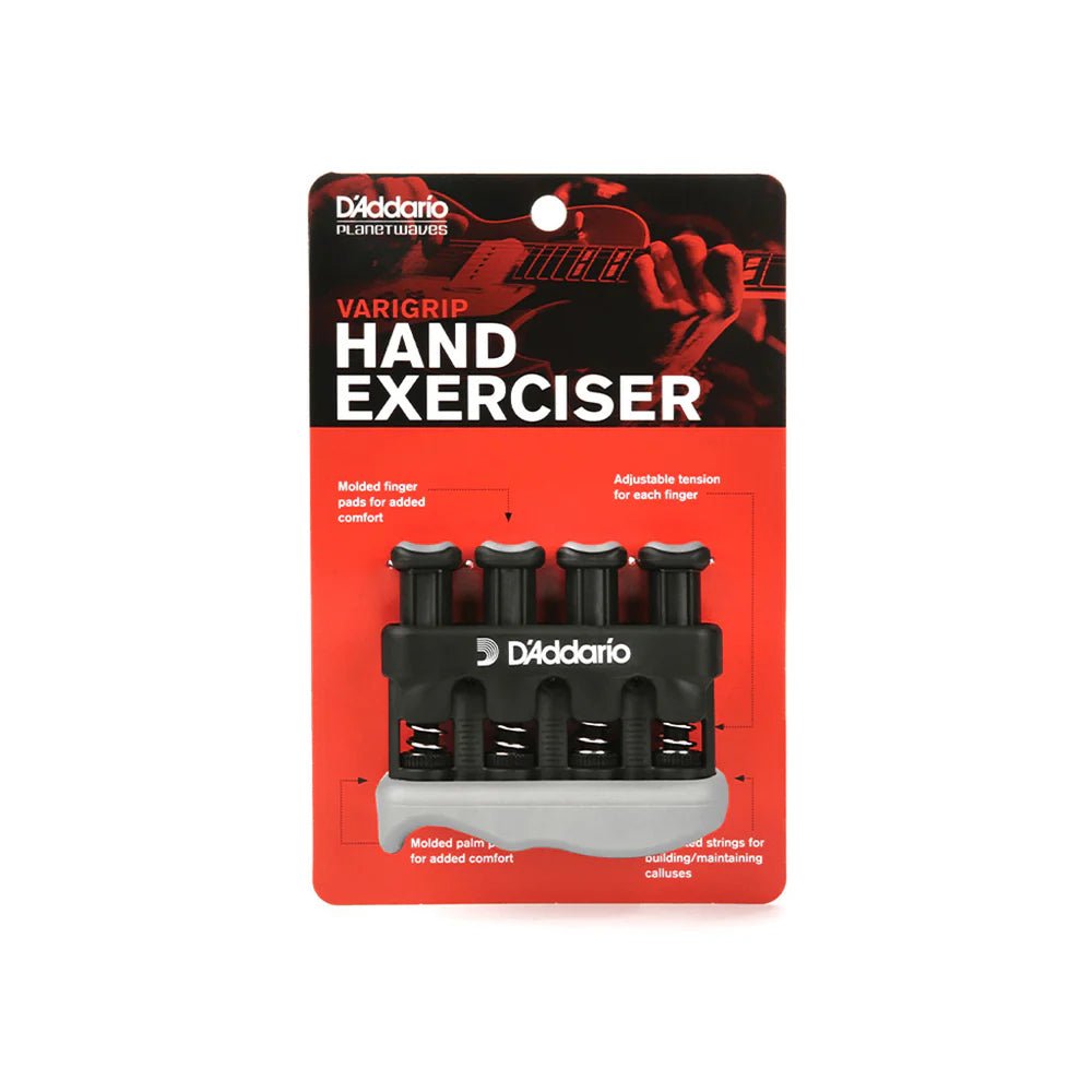 The D’Addario Varigrip Finger Exerciser for String Players comes in packaging showing product info and a photo of a hand using the device—designed to build finger and hand strength for musicians.