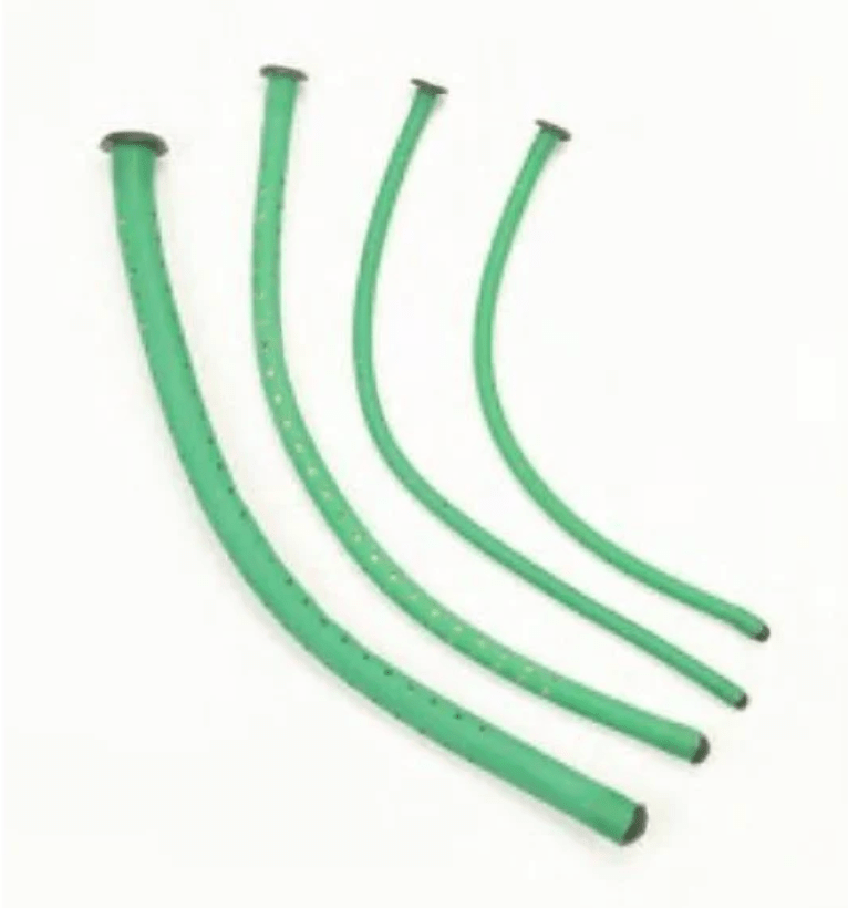 Four green, flexible, graduated medical tubes with black tips are arranged side by side on a white background. Each tube has multiple small holes along its length, resembling the Damp-it violin humidifier for humidity control.