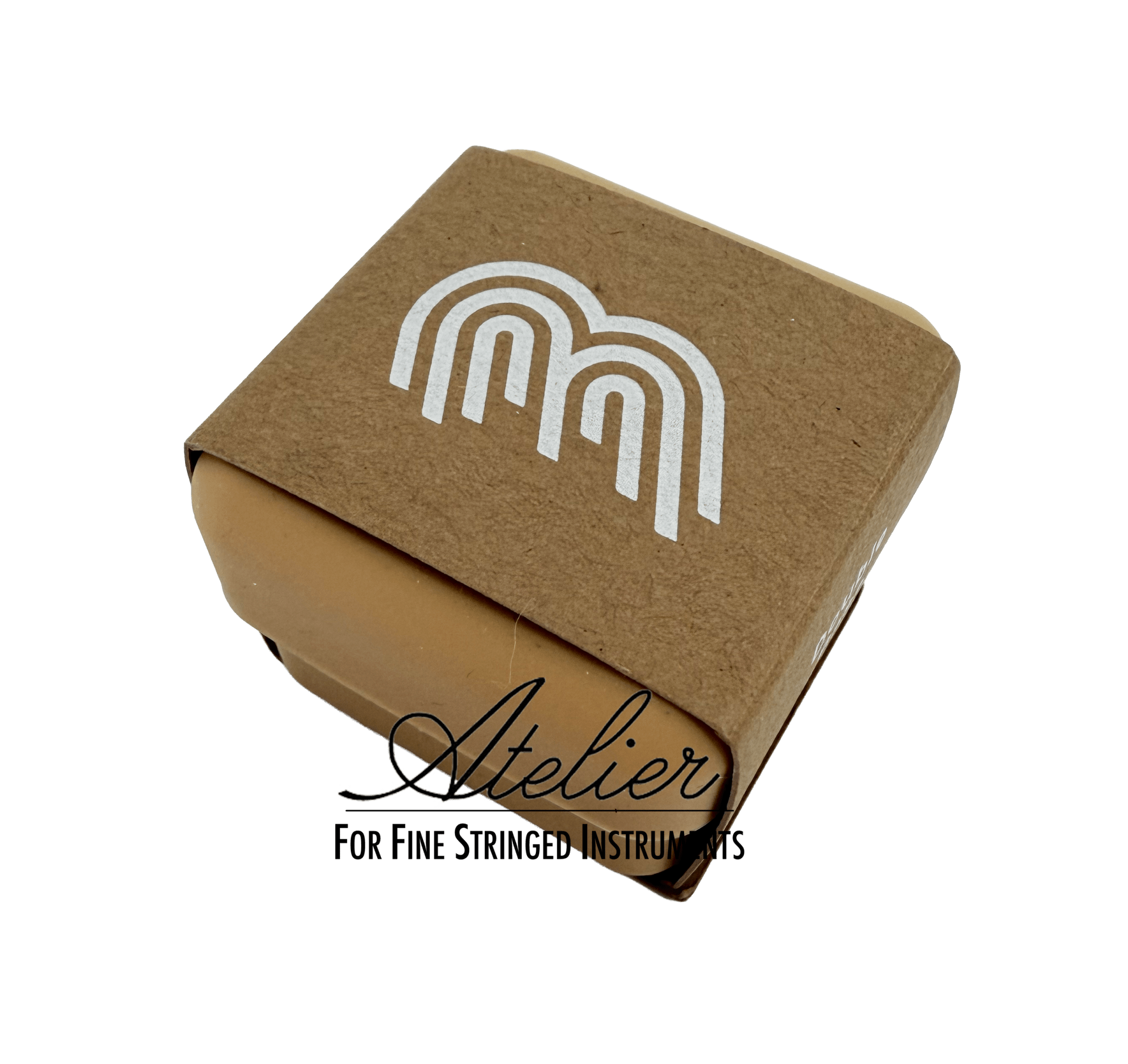 A compact brown box wrapped in kraft paper, topped with a white geometric logo and labeled “Atelier For Fine Stringed Instruments” in black script—ideal for storing your Eastman Bass Rosin by Leatherwood for double bass.