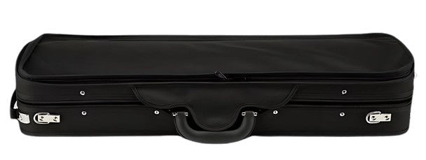 The Eastman CA1908 Oblong Violin Case is a closed black case with silver latches, a zipper, and a black handle, shown resting on a white background.