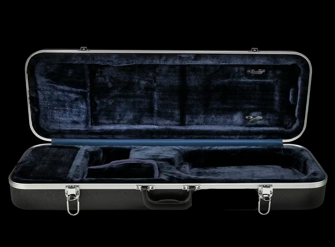 The Eastman CA450 Thermoplastic Violin Case is an oblong hill-style case with a plush dark blue interior, multiple compartments, and metal latches and handle, designed for impact resistance. Shown open and empty against a black background.