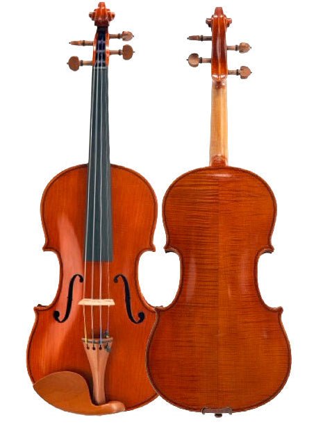 Two views of the Eastman VL200 violin on a plain white background: the front view on the left showing the body, neck, and strings, and the back view on the right showing the polished wood grain.