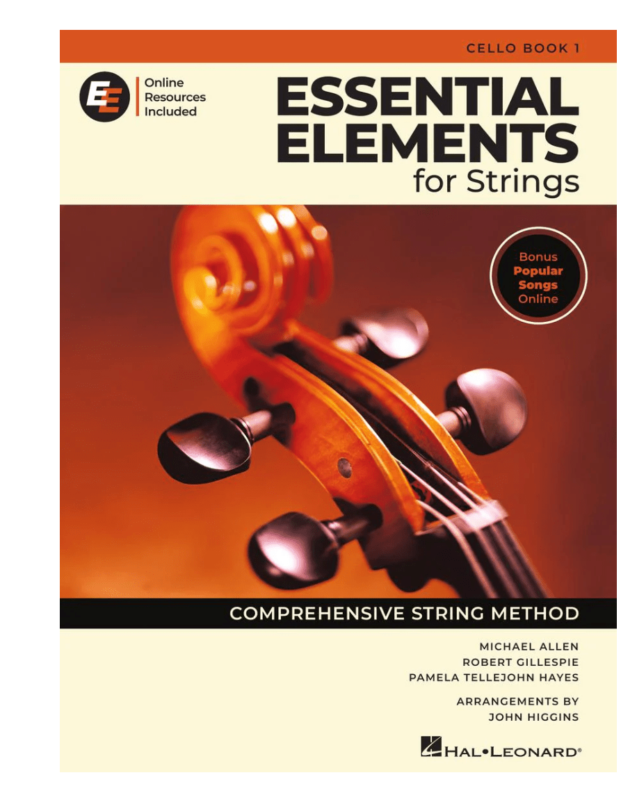 The cover of Essential Elements for Strings - Cello Book shows a close-up of a cello scroll and pegs. This beginner method features online resources, bonus songs, and authors Michael Allen, Robert Gillespie, and Pamela Tellejohn Hayes.