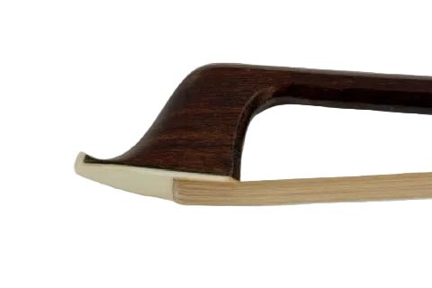 Cello bow with brown frog and white hair on a white background
