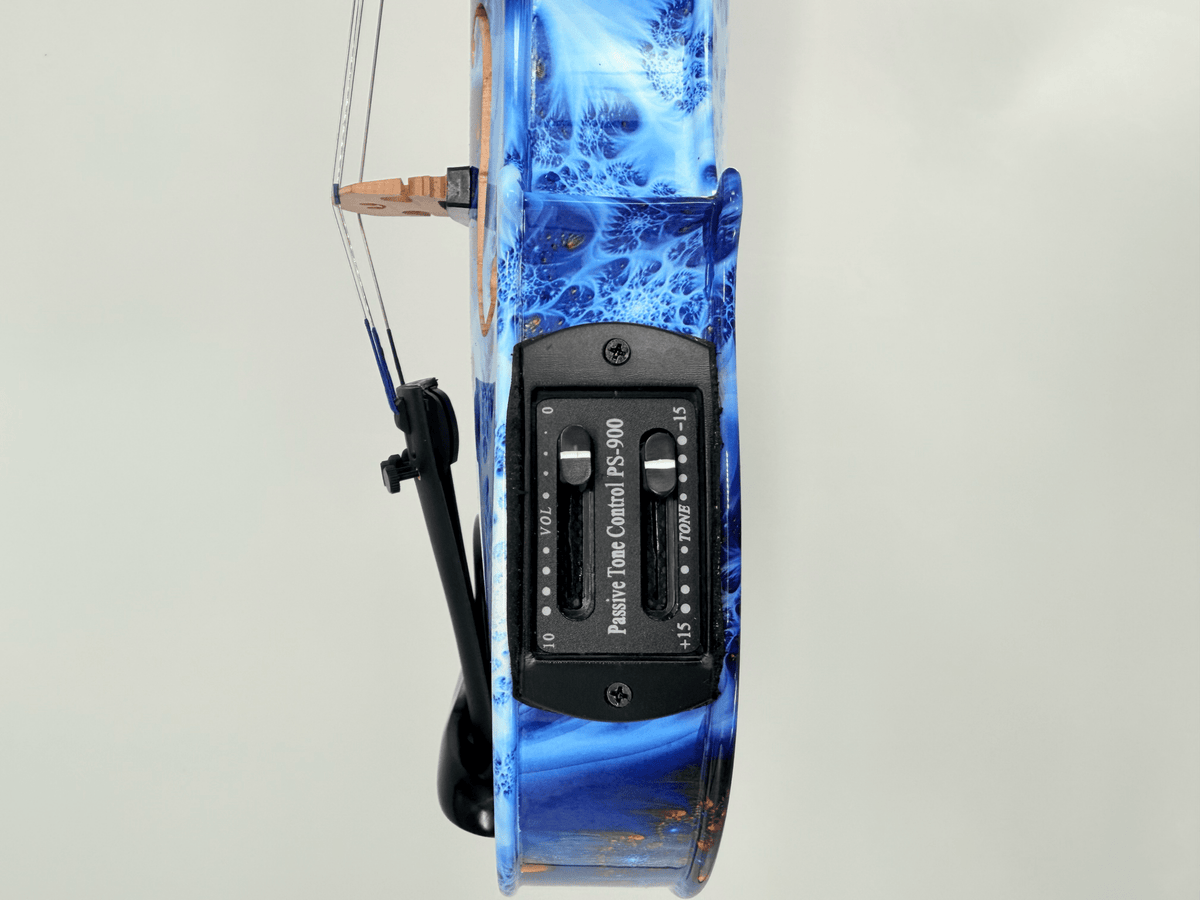 Side view of a Geneva Acoustic / Electric Violin in blue, featuring its control panel labeled Passive Tone Control PSP-500 with two sliders for volume and tone, and a black chin rest attached below—perfect for a professional setup.