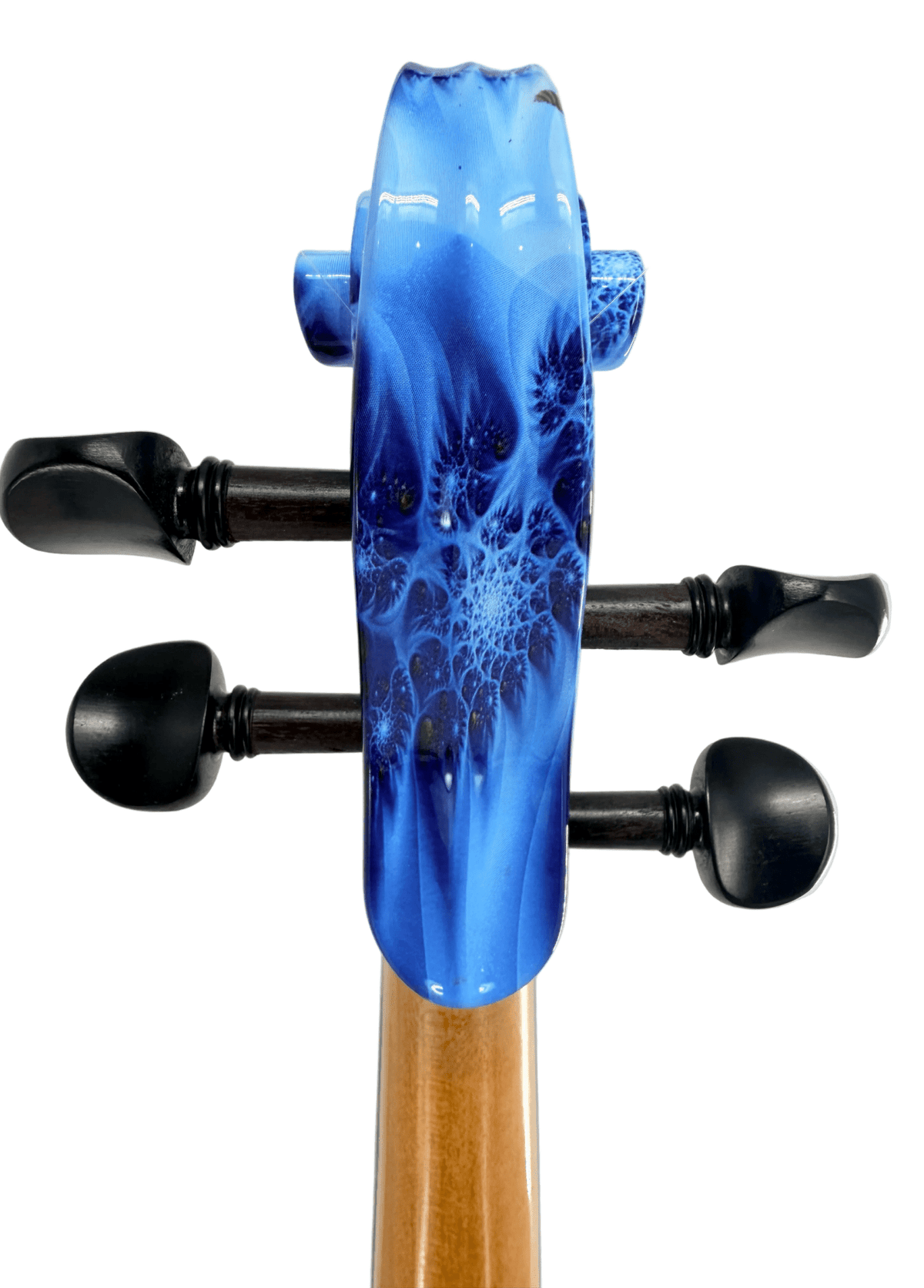 A close-up of the Geneva Acoustic / Electric Violin’s scroll, painted with a blue, fractal-like design. The tuning pegs are black, and the neck retains its natural wood finish. The image highlights the artistic detail on the scroll, showcasing this acoustic-electric violin in a professional setup.