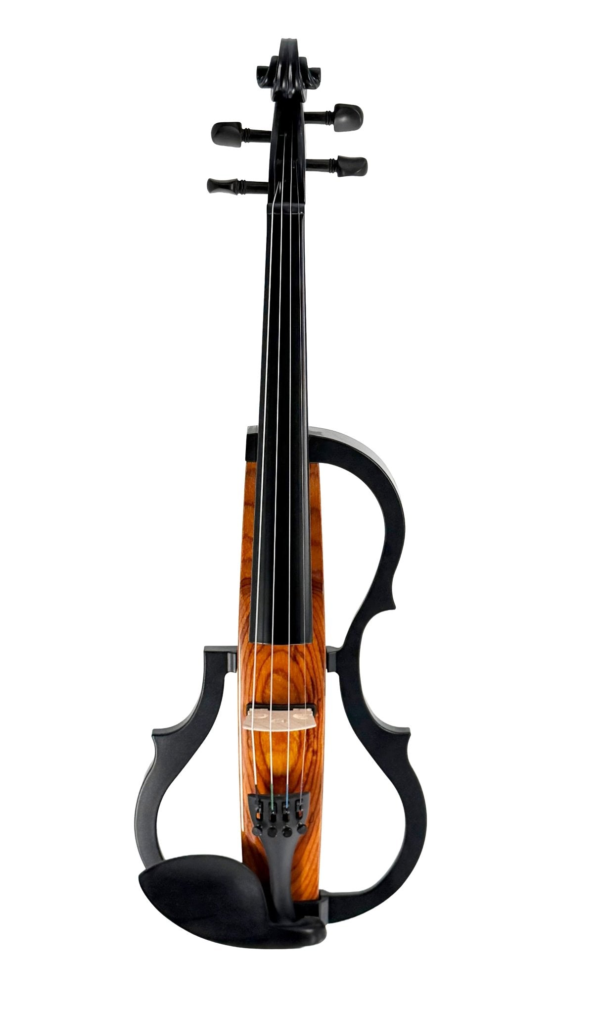 The Geneva Electric Violin – Professionally Set Up at Atelier features a minimalist black frame and wooden center for silent practice and performance, shown upright on a white background.