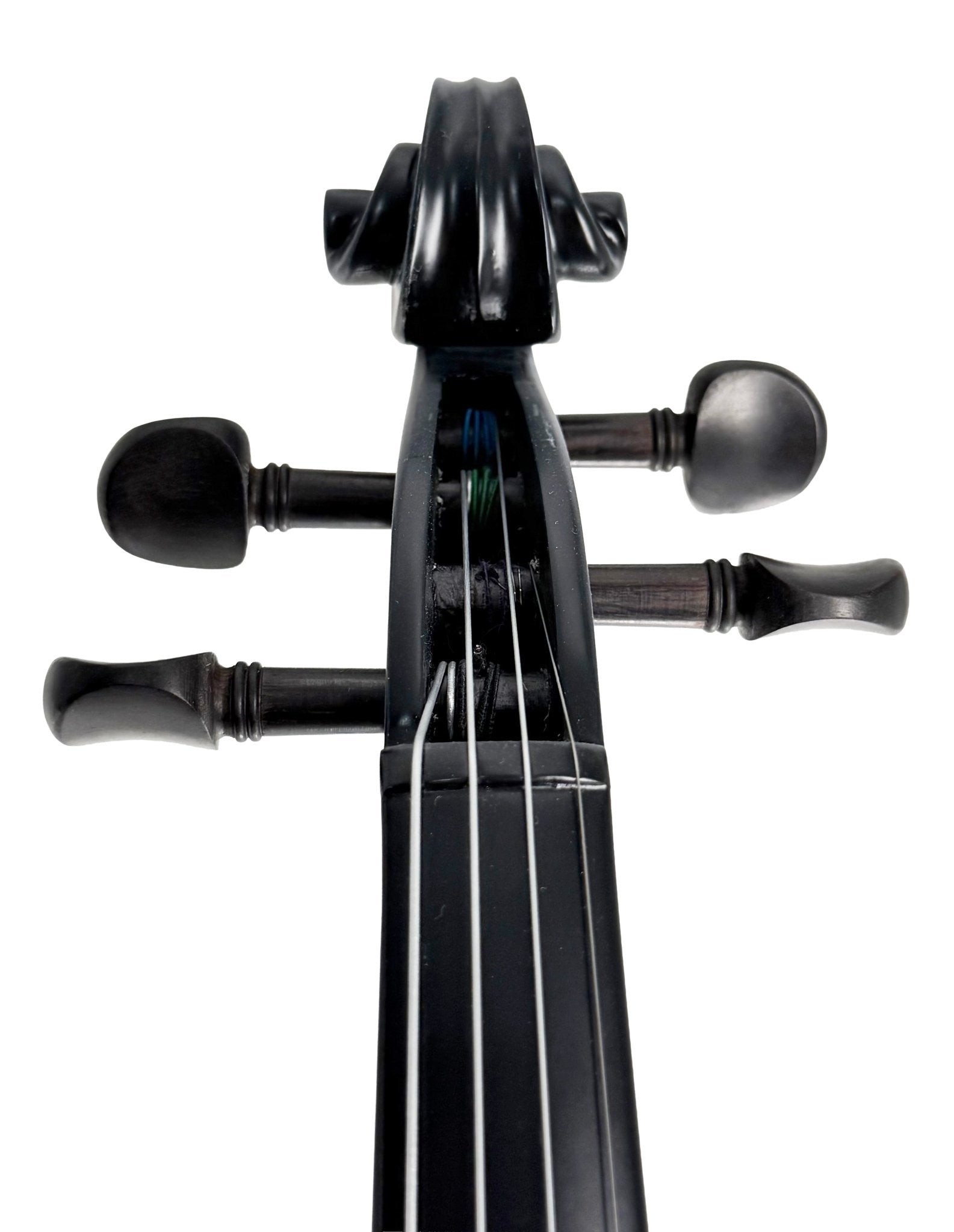 Close-up of the top of a black Geneva Electric Violin – Professionally Set Up at Atelier, featuring the scroll, pegs, and fingerboard against a white background—ideal for modern silent practice and performance.
