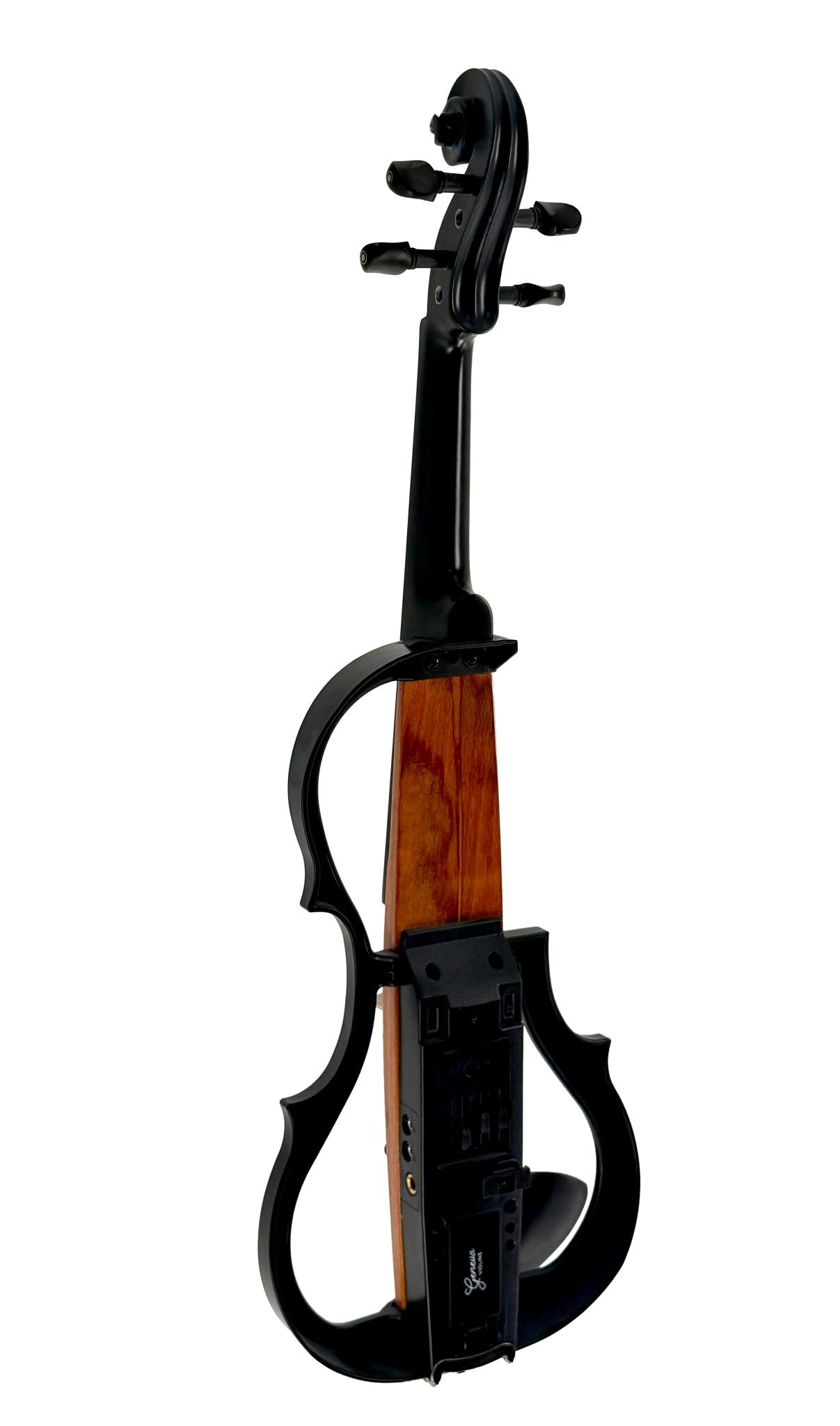 The Geneva Electric Violin – Professionally Set Up at Atelier features a wooden center and black open-frame body, shown from the back on a white background. Its electronic control panel near the bottom allows for modern silent practice.