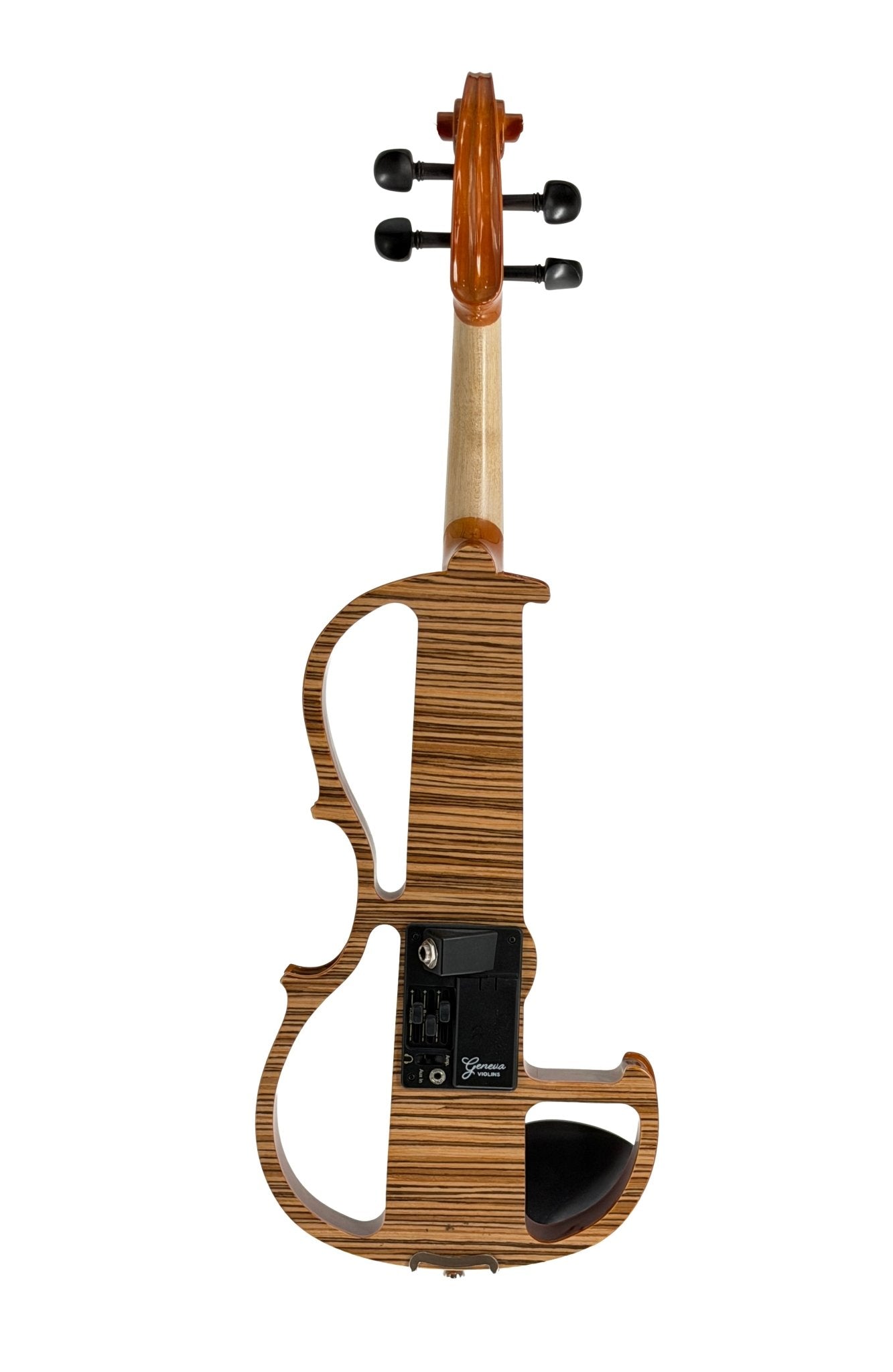 The Geneva Electric Violin with Shadow Preamp blends a wooden finish and open, minimalist frame with visible electronic controls on the back, combining traditional style and modern features for silent practice or amplified performance.
