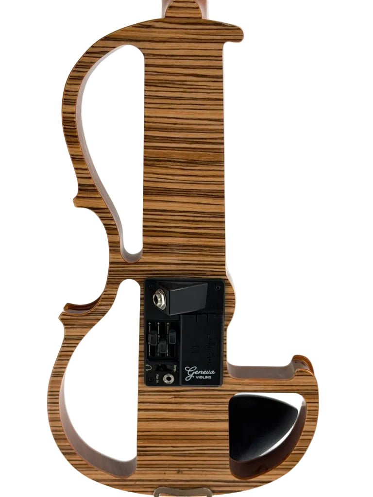The Geneva Electric Violin with Shadow Preamp features a striped wood finish, open minimalist body, electronic controls, and is professionally set up at Atelier for silent practice or amplified performance.