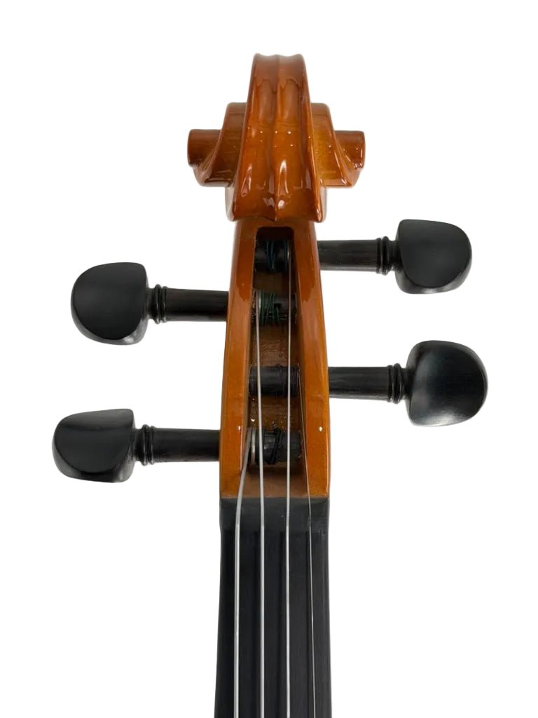 Close-up view of the scroll, pegs, and upper fingerboard of the Geneva Electric Violin with Shadow Preamp – Professionally Set Up at Atelier, shown against a white background.