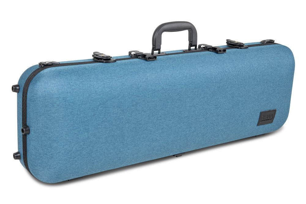 A GEWA Bio-A Oblong Violin Case – Blue | Adjustable 1/2 to 4/4, featuring a rectangular blue textured design with a black handle and four black latches, rests on a white background. This sustainable violin case includes a small black label in the lower right corner.