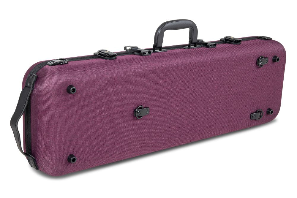 A rectangular, violet GEWA Bio-A Oblong Violin Case (adjustable 1/2 to 4/4), featuring a hard-shell sustainable design with a black handle and latches, shown from an angle highlighting the front and side.