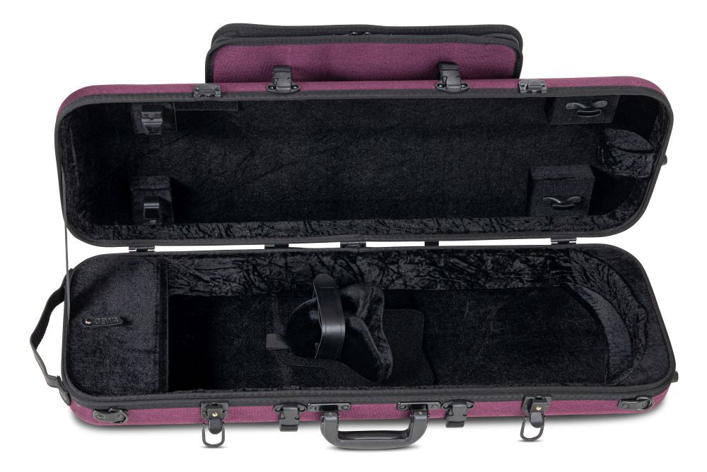 The GEWA Bio-A Oblong Violin Case – Violet | Adjustable 1/2 to 4/4 is an open, empty sustainable violin case with a black plush interior and a maroon exterior. Designed to securely hold a violin and its bow, it features latches, a handle, and adjustable compartments for accessories.