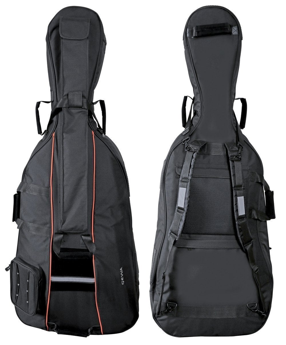 Two views of the GEWA Premium Cello Gig Bag – Padded CORDURA® Cello Case in black: the front features zippered pockets and striking orange piping, while the back displays comfortable shoulder straps and padded carrying areas. This lightweight gig bag provides outstanding protection for your cello, combining durability with style and convenience.