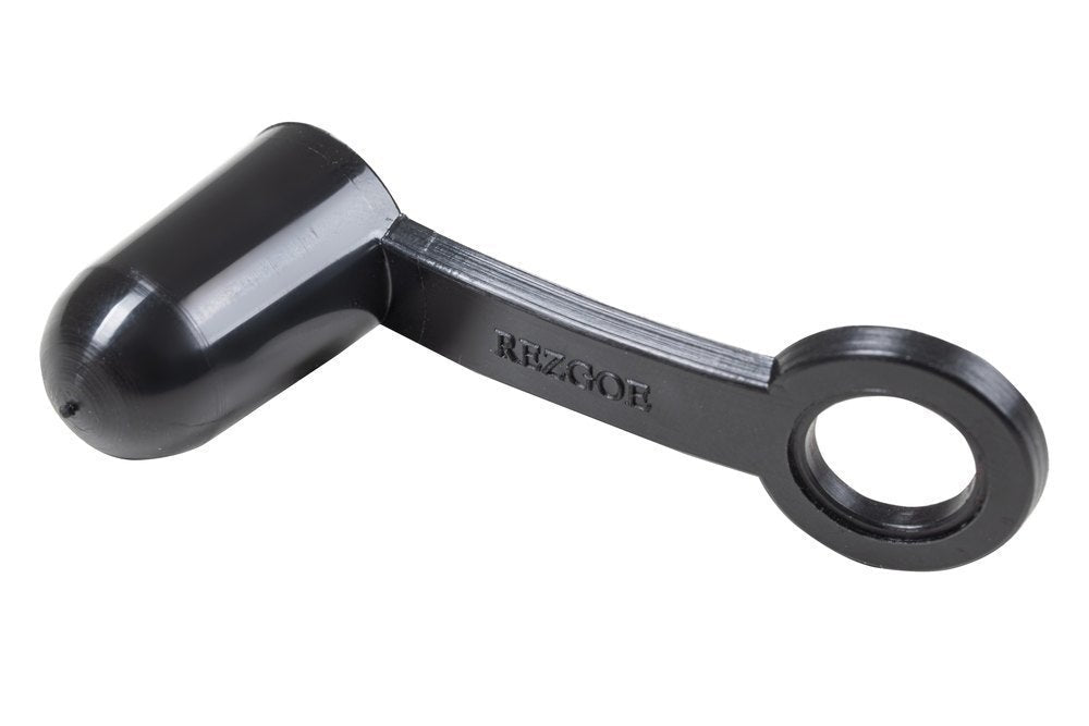 Black plastic dust cap with cylindrical cover, flat arm, and circular loop to protect a Gewa Rubber End Tip (Removable) or cello endpin tip. The word REZGOE is embossed on the arm.