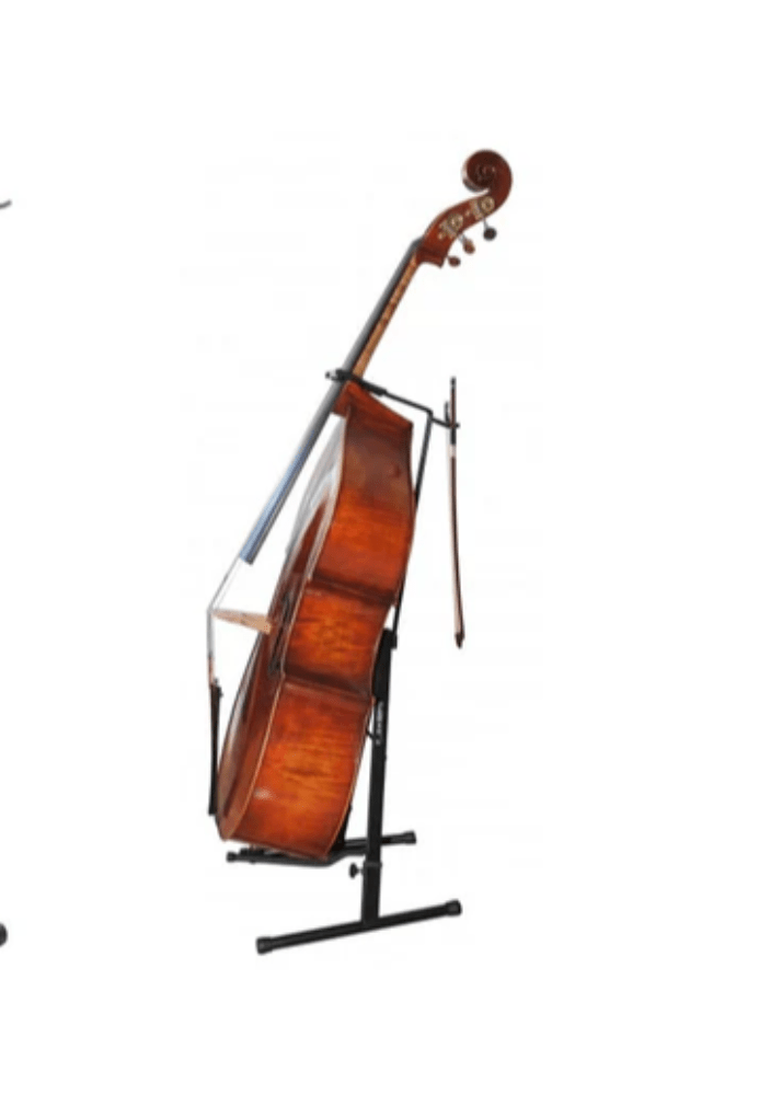 A double bass with a reddish-brown wooden body stands upright on the Glasser Bass Stand GBS-102, with a bow placed beside it against a plain white background.