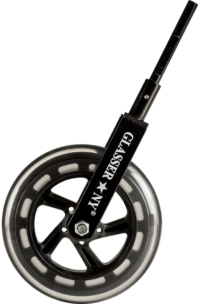 A black Glasser bass transport wheel on a 10 mm shaft, with the brand name printed on the metal fork.