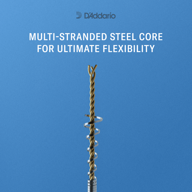 A twisted steel string core with metallic winding stands vertically against a blue background. Text above reads: MULTI-STRANDED STEEL CORE FOR ULTIMATE FLEXIBILITY in this Helicore Bass String Medium Tension E String for orchestral double bass. D'Addario logo at top.