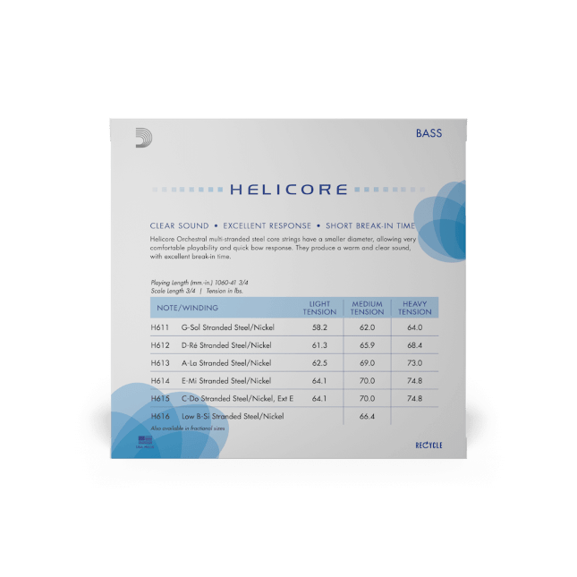 The Helicore Bass String Medium Tension E String packaging features a chart comparing note, winding type, and tensions in lbs, with a white and blue design highlighting the Helicore logo for orchestral double bass players.