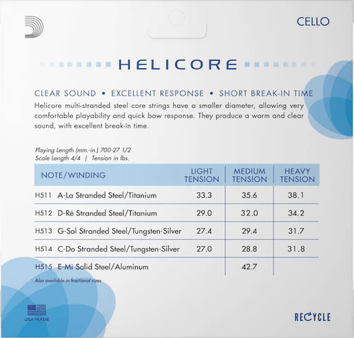 Chart for Helicore Cello Strings (Set) showing A, D, G, and C note types, titanium/steel core materials with silver, tungsten, aluminum windings; tension values included. Blue-white design features recycle and Made in USA icons.