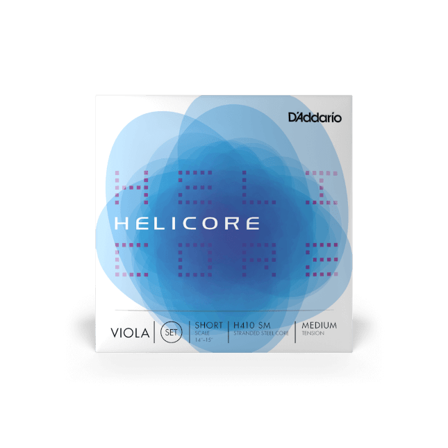 The packaging for the Helicore Viola Strings - Set showcases abstract blue overlapping circles, purple dotted text, and specifications for short-scale (14–15"), medium tension viola strings with a durable steel core, all set against a crisp white background.