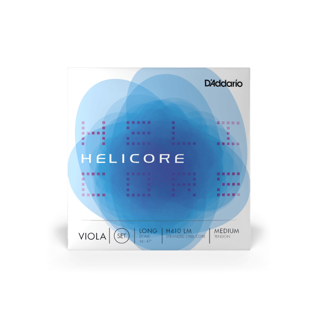 The packaging for the Helicore Viola Strings - Set showcases overlapping blue circles and the word “HELICORE” in white, along with product details for long-scale, medium-tension steel core viola strings set against a white background.