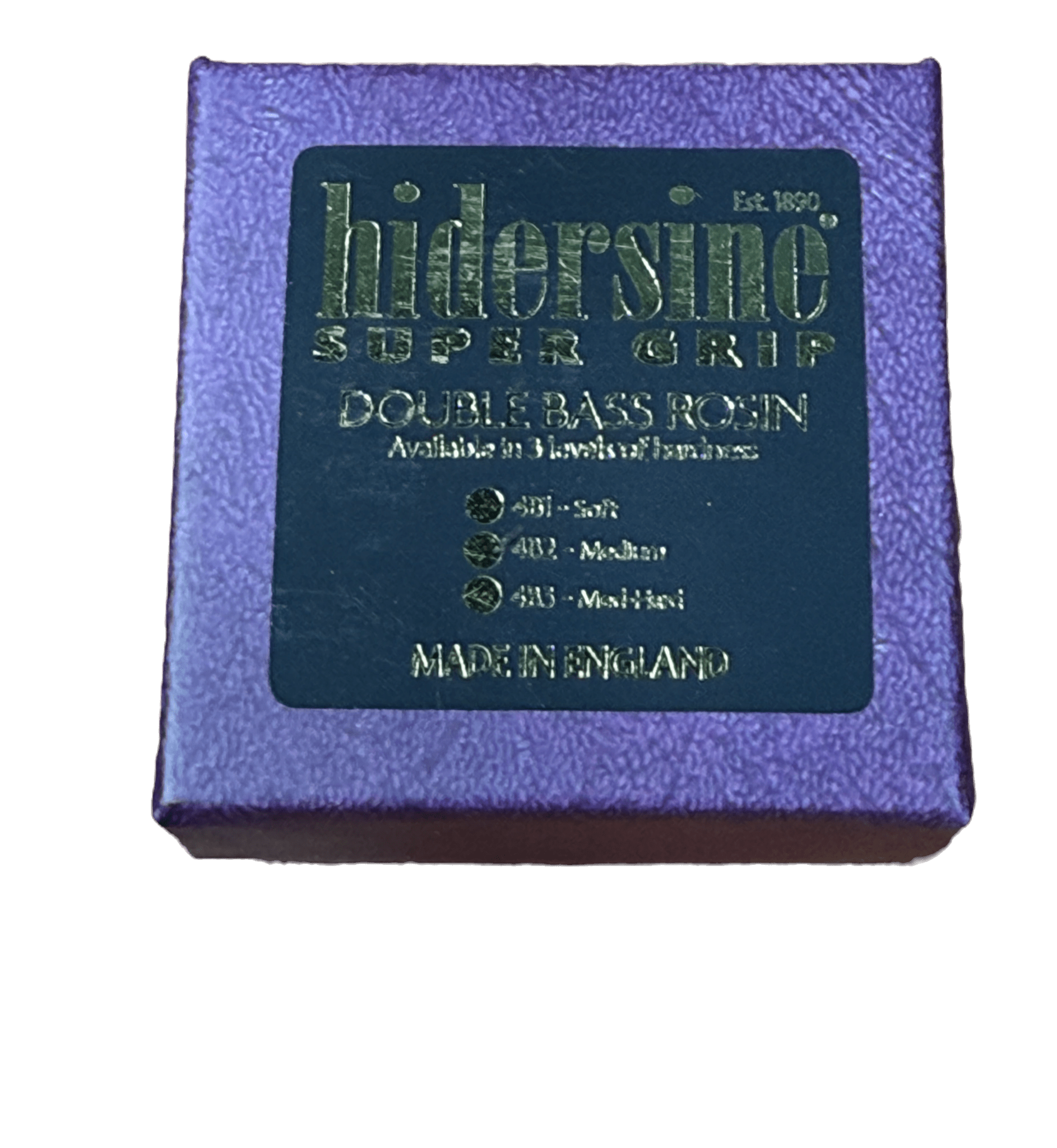 A purple box of Hidersine Medium Bass Rosin for double bass, with gold text and made in England. This rosin is available in three firmness levels: soft, medium, and medium-hard.