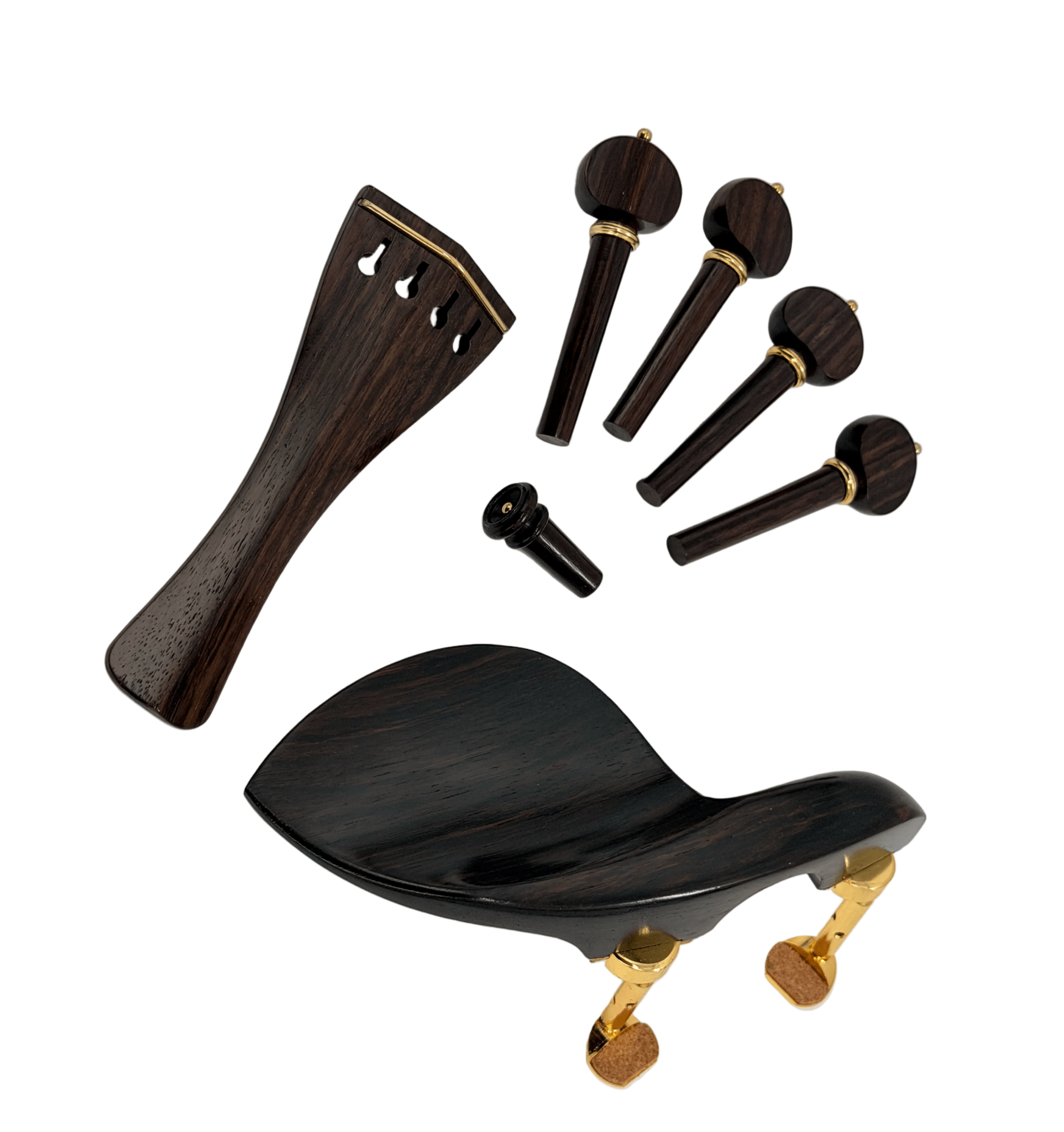 The Hill Style Rosewood Violin Fittings Set with Gold Trim includes a chinrest, endpin, pegs, and tailpiece—ideal for violin restoration—shown arranged on a white background.
